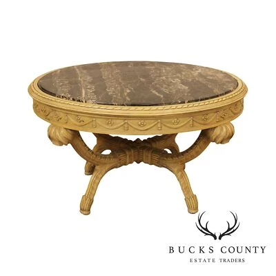 Mesa de centro estilo regência francesa vintage 1940 redonda tampo de mármore pintado - Imagem 1 de 4