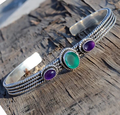 Brazalete de plata de ley 925 con piedras preciosas de ónix verde y amatista para el día de la madre Foto 1 de 4