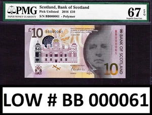 Scotland Polymer 10 libras 2016 serie baja BB 000061 excelente gema sin circular pmg 67 epq - Imagen 1 de 2