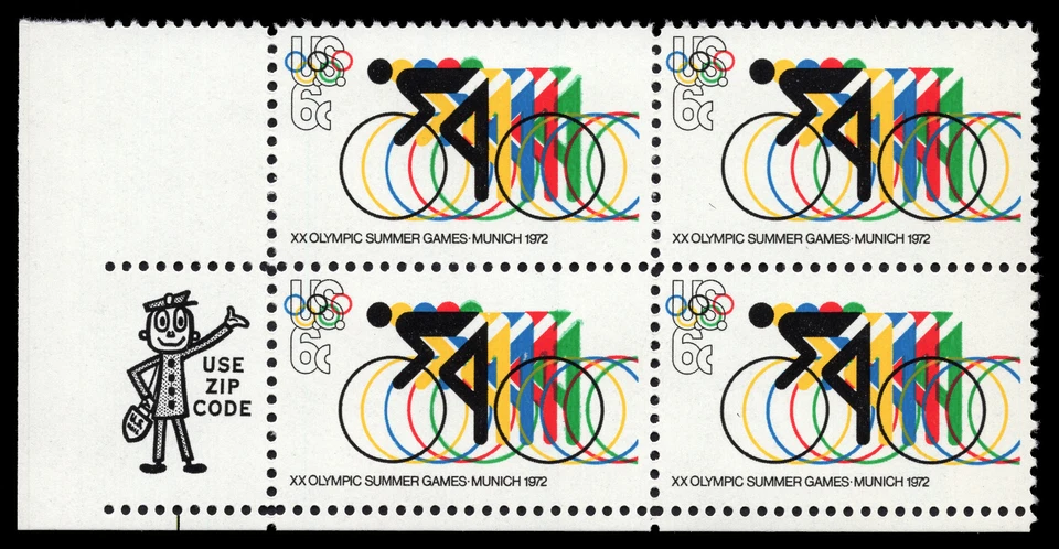 US Scott # 1460, anillos de ciclismo y olímpicos, bloque de cremallera de (4) estampillas de 1972 de 6¢, MNH Foto 1 de 1