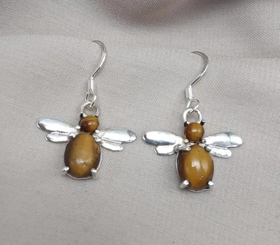 Occhio di Tigre Ape Design Orecchino 925 Argento Sterling Pendente Gemma Regalo - Immagine 1 di 4