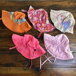 Lot of 5 Baby Girl Sun Hats Size 12-24M Chin Strap Gymboree Pink Orange Floral - Picture 1 of 18