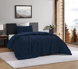 COPERTA NEIDA RIGHE BLU SHERPA IN RILIEVO MORBIDA SPESSA E CALDA 3 PEZZI QUEEN SIZE - Foto 1 di 1