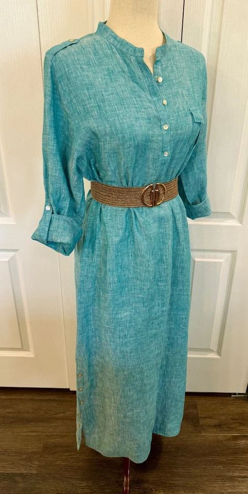 Vestido 100 % lino, mediano, midi-maxi, azul aguamarina vibrante, manga 3/4, aberturas laterales de 14" Foto 1 de 4