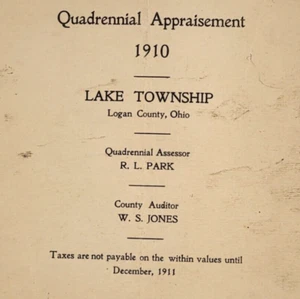 1910 Quadrennial Property Appraisement Book Lake Township Logan Co. Ohio History - Imagen 1 de 7