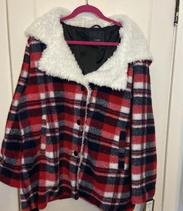New Women’s Steve Madden, Red/Black/White Fleece Hooded Coat 3x - Picture 1 of 4