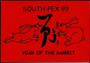 Folleto de exhibición de estampillas del año del conejo SouthPex 1999. 2 x 45c Navidad Is. LHS/B - Imagen 1 de 3