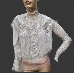 ANTIQUE 1900s Victorian Wht MIXED LACES Gibson Girl Blouse w/COFFIN PLEAT FRONT - Picture 1 of 14