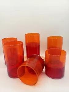 Vintage Pier 1 Bicchieri (6) Bocca Vetro Soffiato Rosso e Arancione Bolle Controllate - Foto 1 di 10
