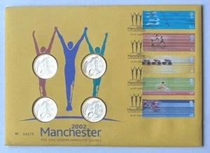 2002 Manchester Commonwealth Games 4 Brilliant Uncirculated £2 Coins & 5 Stamps - Picture 1 of 2
