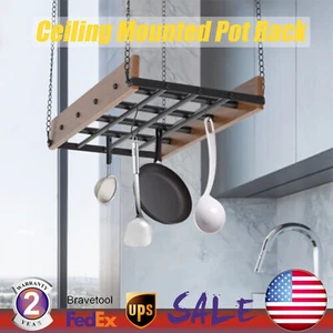 Black and Brown Ceiling Mounted Pot Rack Hanging Pots and Pans Organizer w/Hooks - Picture 1 of 19