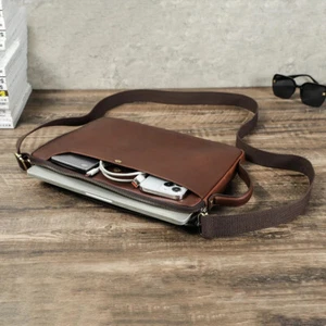 Genuine Leather Laptop Shoulder Bag For MacBook Air 13.6 Pro 14 13 Carrying Case - Picture 1 of 15