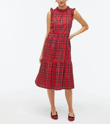 Vestido midi festivo elegante rojo tartán a cuadros con volantes en capas talla 6 de J Crew Foto 1 de 4