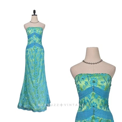 Vintage Prom Dress Maxi Gown 6 Blue Green Fairy Y2K Lace Strapless Glam Flirt - Image 1 of 4