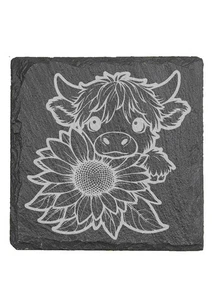 Engraved Slate Coasters, Stone, Sunflower Peekaboo Cow, Set Of 4 With Holder - Picture 1 of 4
