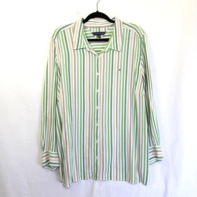 Camisa feminina Tommy Hilfiger tamanho 2X verde várias listras roll-tab botão para cima viscose - Imagem 1 de 4