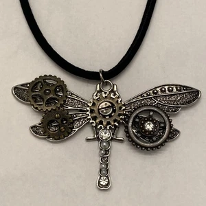 Dragonfly With Gears Pendant Necklace 18” Cord - Picture 1 of 3