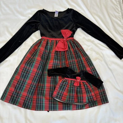 Праздничное платье Dollie & Me для девочек размер 12 черное бархатно-красно-зеленое клетчатое праздничная вечеринка - Изображение 1 из 4