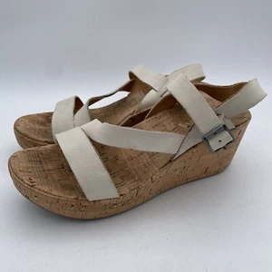 Korks Kork-Ease Women's 7M Wedge Cork Block Heel Slingback White Leather Sandals - Picture 1 of 5