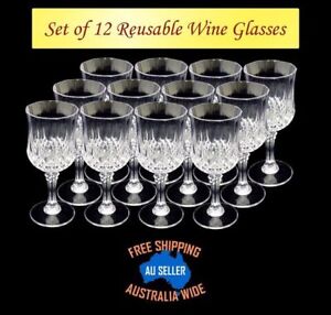 12 Premium Clear Plastic Drinking Reusable Wine Drink Glasses  Unbranded