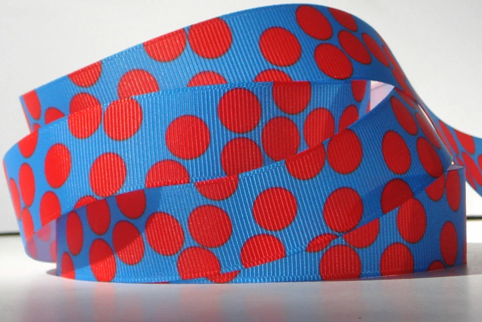 Red Polka Dots on Bright Blue 7/8" grosgrain ribbon 4 yards crafts hair bows  - Image 1 of 1