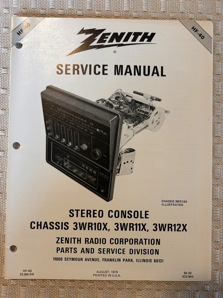 Aug/79 Zenith Stereo Console Chassis 3WR10X , 3WR11X , 3WR12X. Service Manual - Image 1 of 1