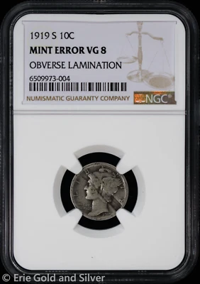1919-S 10C Mercury Dime NGC VG 8 | Mint Error Obverse Lamination - Image 1 of 4