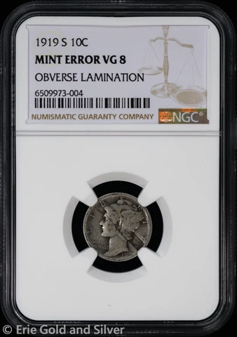 1919-S 10C Mercury Dime NGC VG 8 | Mint Error Obverse Lamination Cover