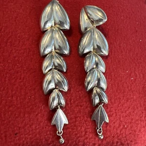 Vintage Long Sterling Silver Leaves Dangling With Bells Pierced Earrings - Picture 1 of 9