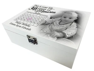Erinnerungsbox Geburtstag aus Holz, weiße Andenkenbox, personalisiertes Fotodesign. - Bild 1 von 12