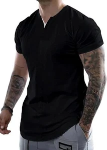 JMIERR Mens Muscle Slim T Shirts V-Neck Longline Henley Shirt Gym Workout Athlet - Picture 1 of 20