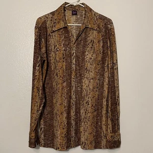 Vintage 1970s Joel Disco Shirt L Gold Brown Geometric Butterfly Collar Pimp Soft - Picture 1 of 10