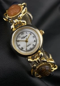 Vintage Lafayette Carved Scarab Gemstone Gold Tone Watch MOP Dial Art Deco - Bild 1 von 16