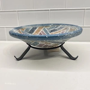 River Junction Pottery Works Aztec Style Stoneware Dish w/ Stand Rustic Boho NOS - Picture 1 of 9