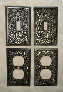 AmerTac Filigree Single Toggle Switch Cover (2) & Outlet Covers (2)-Antique Gold - Picture 1 of 7