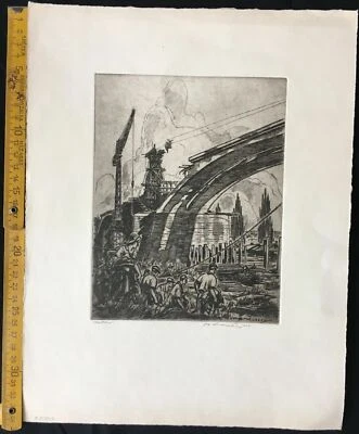 J. Vondrous: Brückenbau&Gruppe von Arbeitern&Maschinen/ORIGINAL RADIERUNG 1955 - Bild 1 von 3