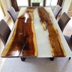 48"x24" White Epoxy Resin Dining Table Handmade Wooden Live Edge Hallway Decors - Picture 1 of 9