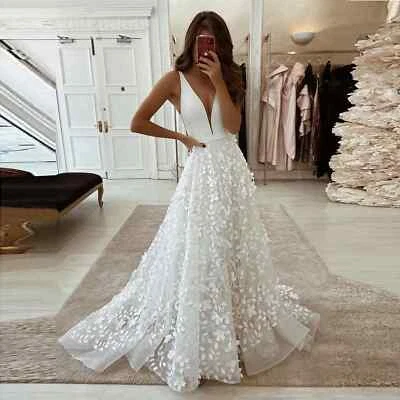 Deep V Neck Wedding Dresses Sleeveless 3D Flowers Lace A Line Bridal Gowns Train - Image 1 of 4