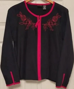 Black Velour Jacket SMALL Embroidered Red Flowers Full Zip ERIKA  - Picture 1 of 12