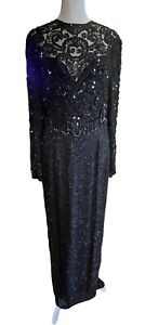 Vintage Alexa Full Length Gown Beaded Sequin Dress Long Sleeve Women’s Black
