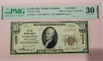 Fr#1801-1 $10 1929 Ty.S/N E000022A PP E  LEAKSVILLE ,NORTH CAROLINA THE FIRST NB - Image 1 of 2