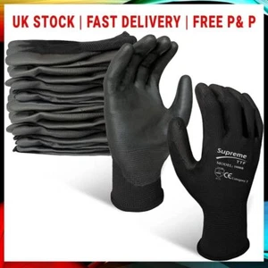 24 PAIRS BLACK PU COATED SAFETY WORK GLOVES GARDEN GRIP MENS BUILDERS GARDENING - Picture 1 of 5