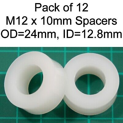 Pack Of 12 Nylon Plastic M12 X 10mm Spacers, OD = 24.0mm, ID = 12.8mm • 4.99£