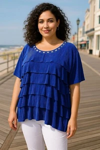 Alfred Dunner 3X Royal Blue Ruffle Blouse Glam Boldwear Textured Shine Top - Picture 1 of 12