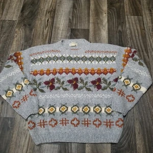 Womens LL Bean Vintage Sweater Gray Floral Flowers Crewneck Knitted Size Medium - Picture 1 of 12
