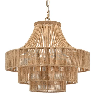 Lámpara de araña de ratán con cuentas de madera boho tejida a mano colgante luz 6 luces ajustables... Foto 1 de 4