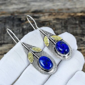 Naturale Lapislazzuli Gemma Fatto a Mano 925 Argento Sterling Gioielli Orecchini - Foto 1 di 4