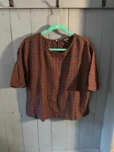 Madewell Women’s Pullover Blouse Red Tartan Plaid Short Roll Cuff Sleeve | Sz M - Picture 1 of 11