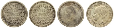 Netherlands - 10 Cents 1921, 1930 - Wilhelmina, Silver - Image 1 of 3