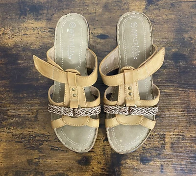 Patrizia Spring Step Wedge Sandals Womens Sz 9 Tan Leather Open Toe Boho Peasant - Image 1 of 4